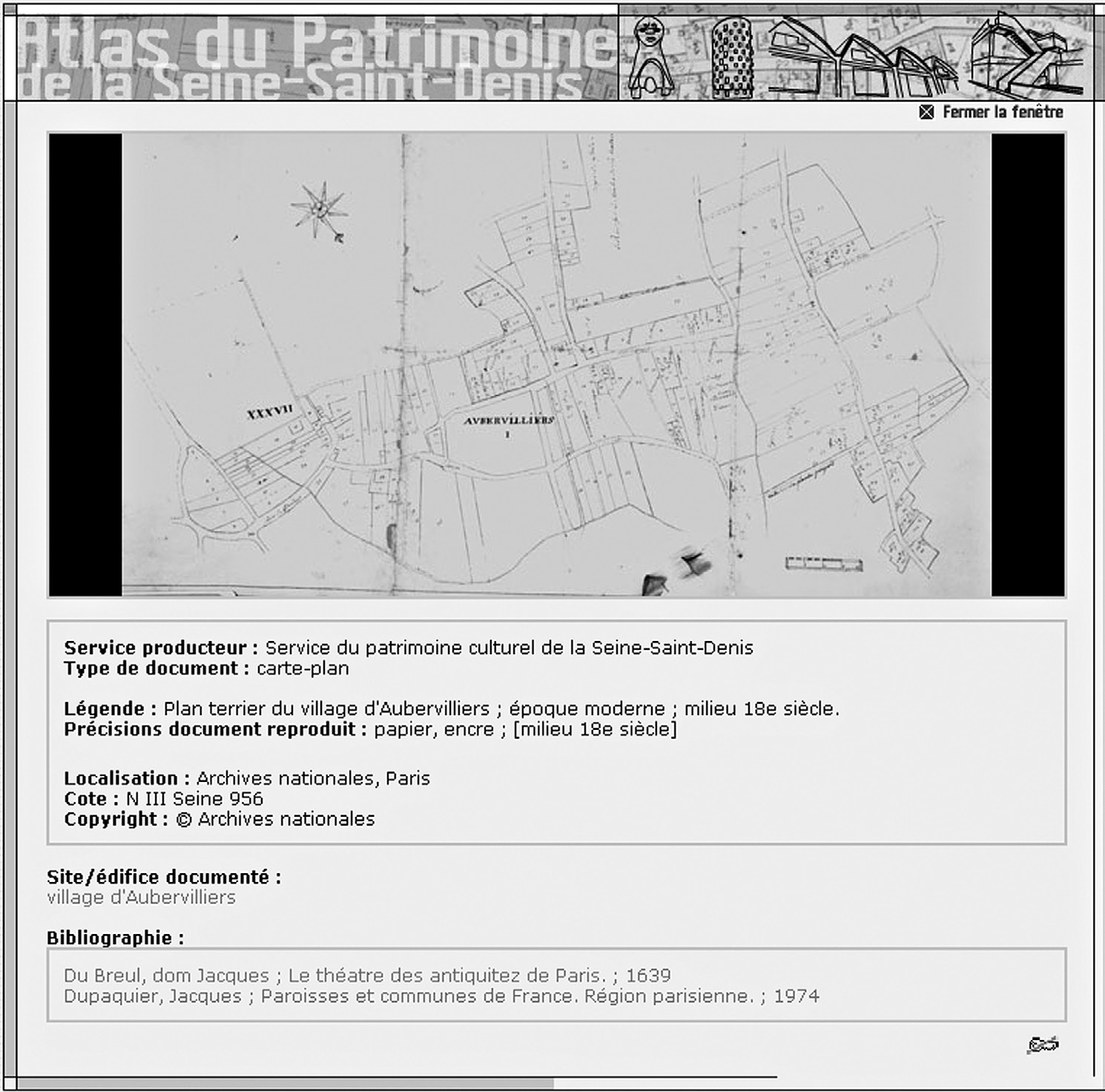 Fig. 6 – Iconographic catalogue, visualization interface of one of the pictures following a request (Département de la Seine-Saint-Denis).