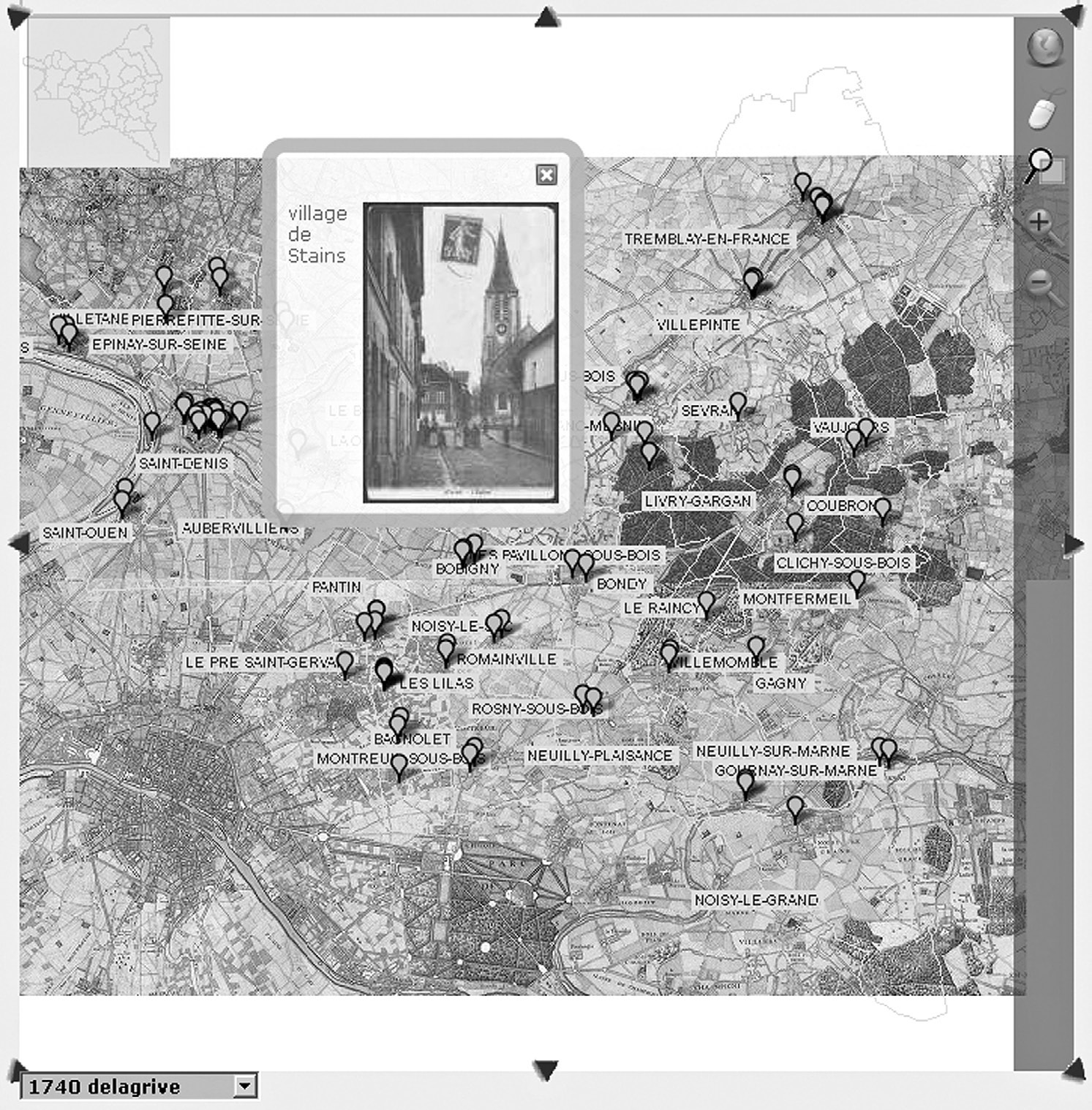 Fig. 7 – Repertory of the sites and buildings, detail of the display interface of the results of a request in a cartographic form, with display on a map background of an ancient document (Département de la Seine-Saint-Denis).