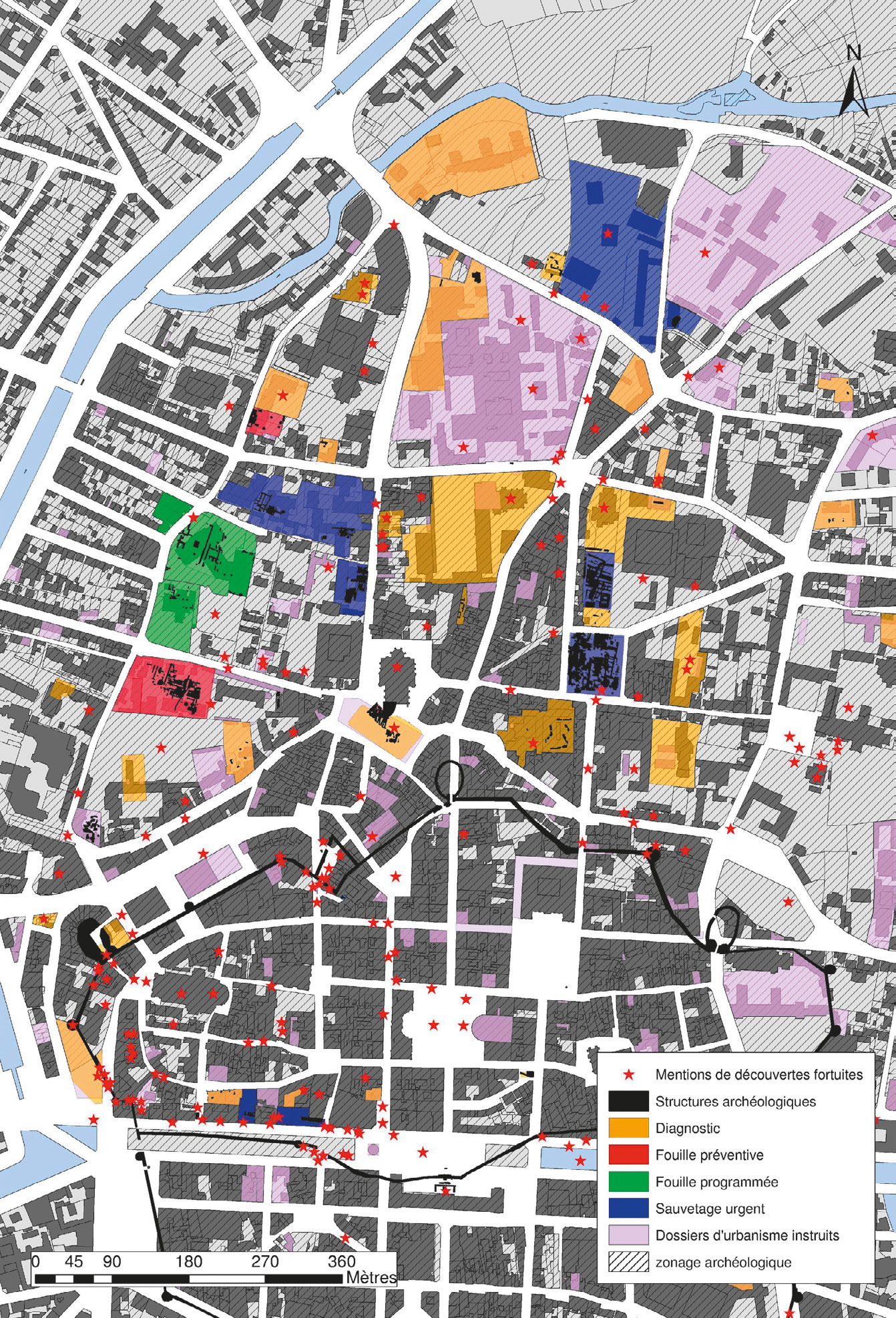 Fig. 8 – Données archéologiques sur fond cadastral napoléonien modifié.