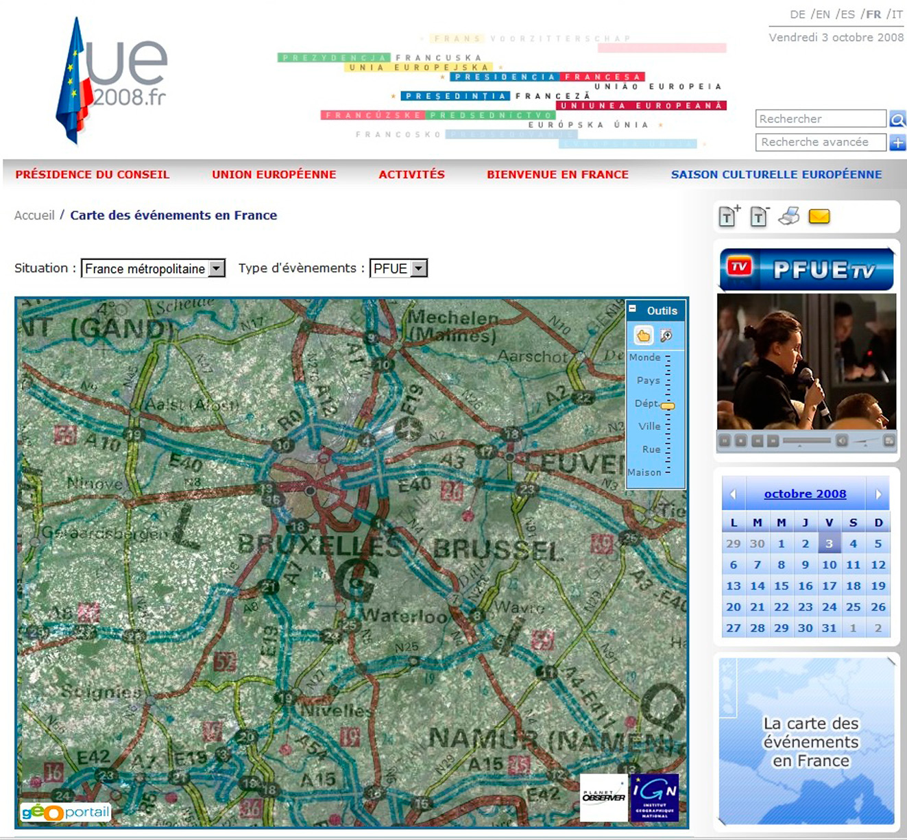 Fig. 2 – Fenêtre cartographique dans le site web de la Présidence française de l’Union Européenne.