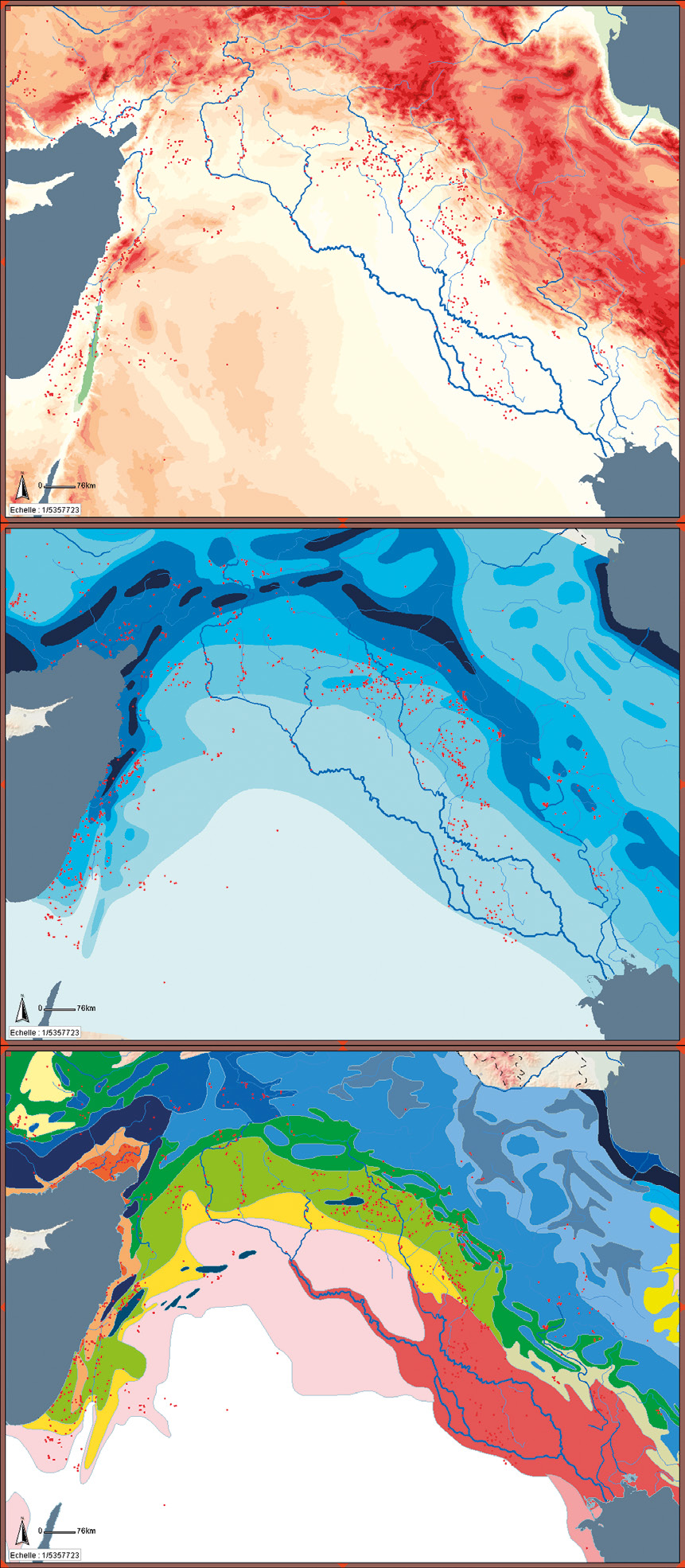 Fig. 4 – Affichage des sites sur différents fonds de carte: hypsométrie, pluviométrie, zone bio-géographiques.