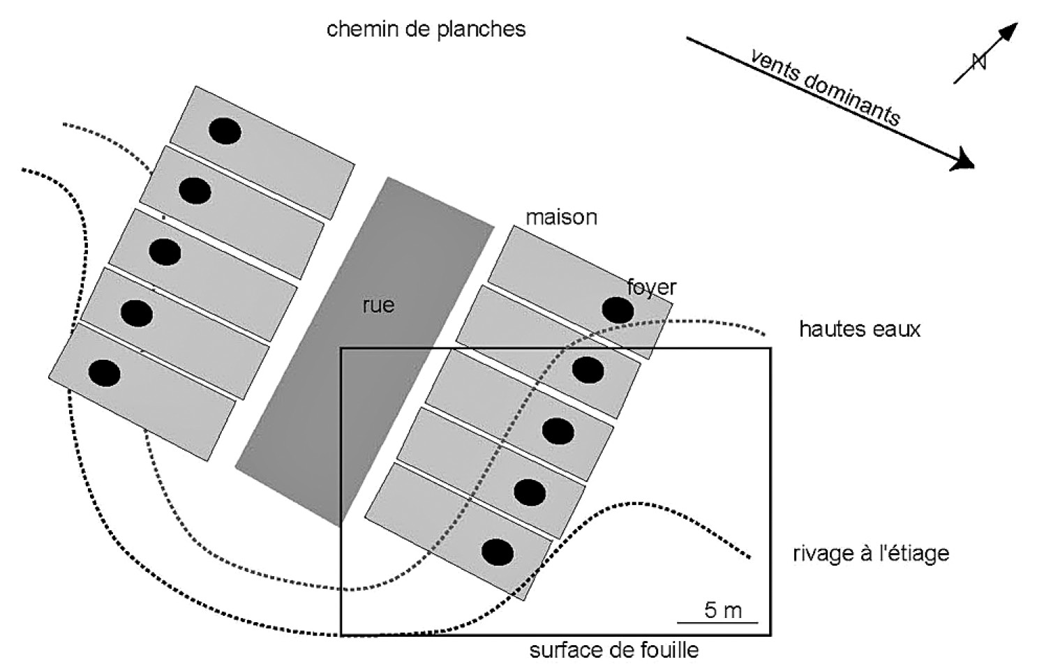 Fig. 2 – En haut: plan de la couche VIII; en bas: reconstitution du village.