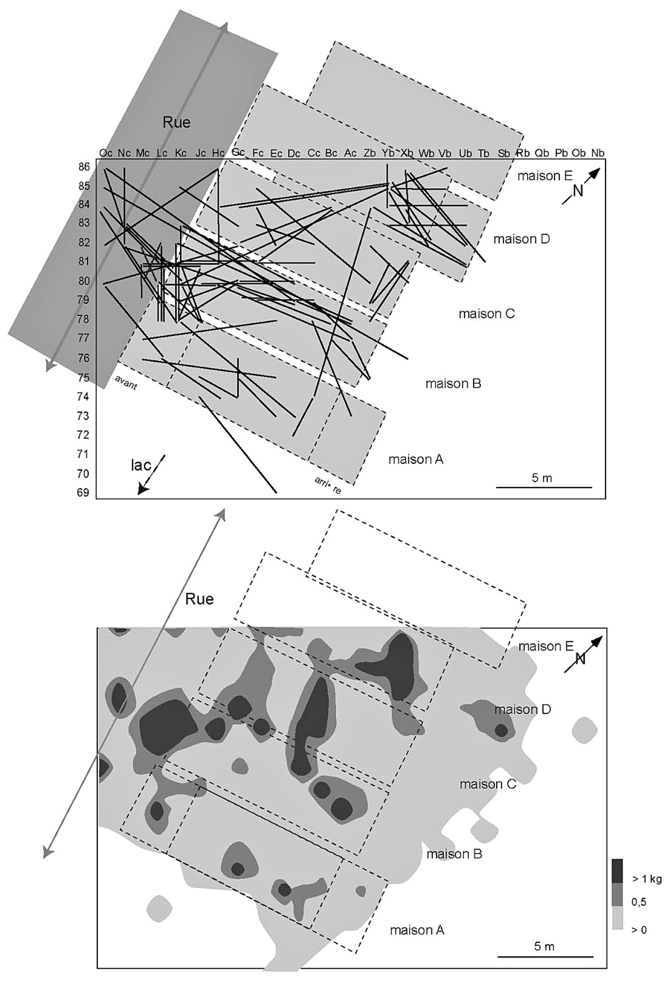 Fig. 4 – En haut: plan des remontages de la couche VIII, vers 3170-3180 av. J.-C.; en bas: carte de densité en poids. On remarque des liaisons longitudinales sous le plancher rehaussé des maisons.