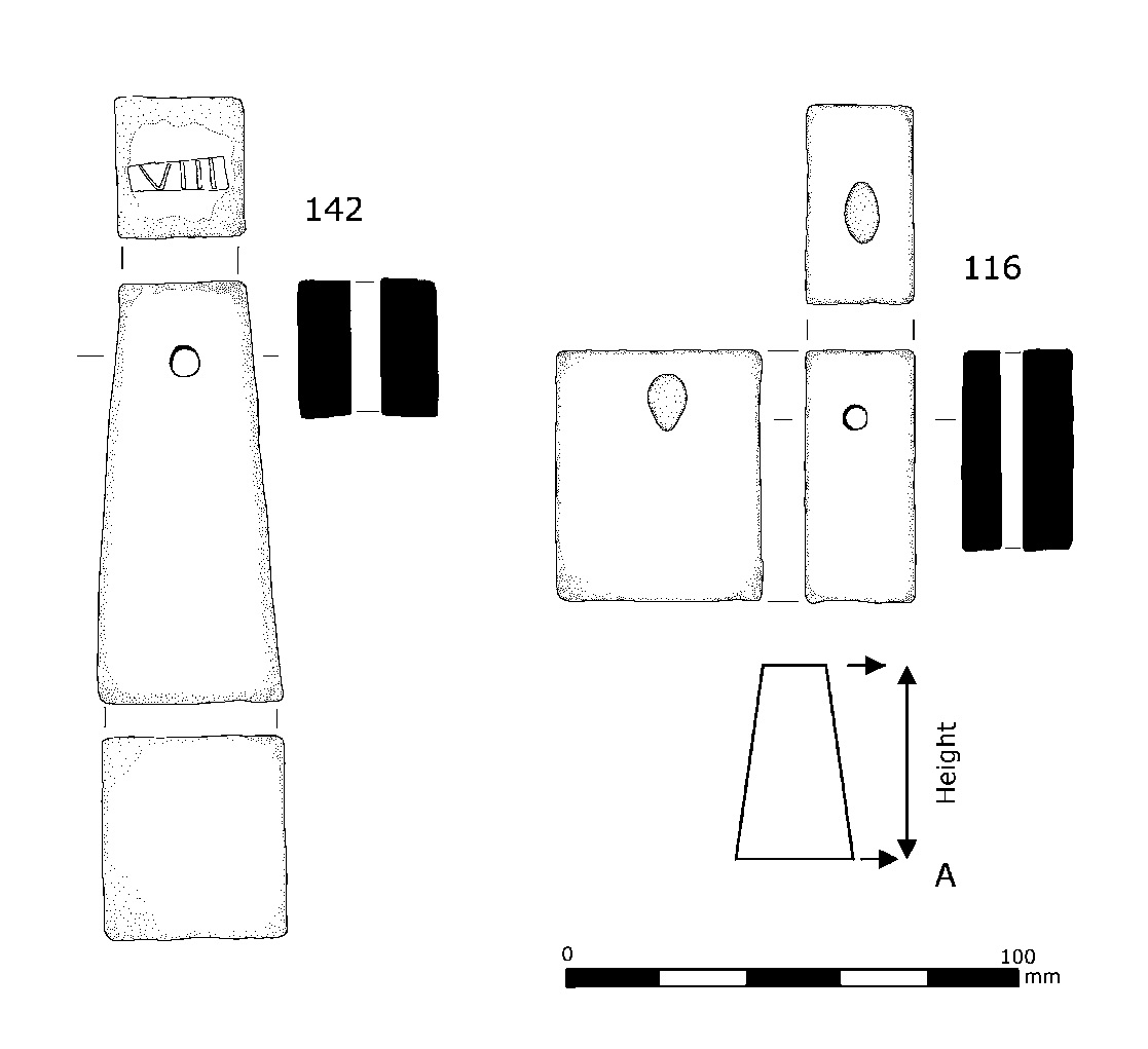 Fig. 1 – Examples of the ceramic loomweights discussed. Diagram A (not to scale) shows how the height was measured using the offset method.