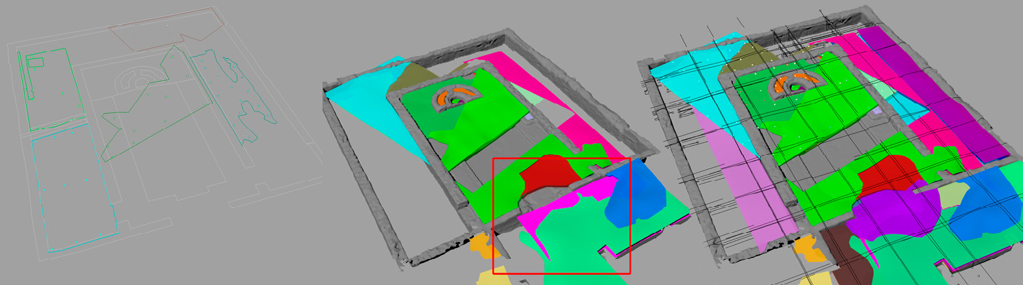 Fig. 3 – Documentazione grafica 3D: visualizzazione delle unità stratigrafiche; gestione degli errori; sezioni (dis. A. Fratta, M. Lo Muzio, R. Fanelli).