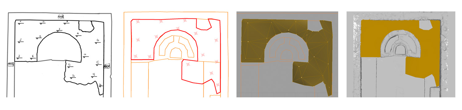 Fig. 4 – Documentazione grafica 3D: il processo di digitalizzazione delle piante di strato (dis. G. De Felice).