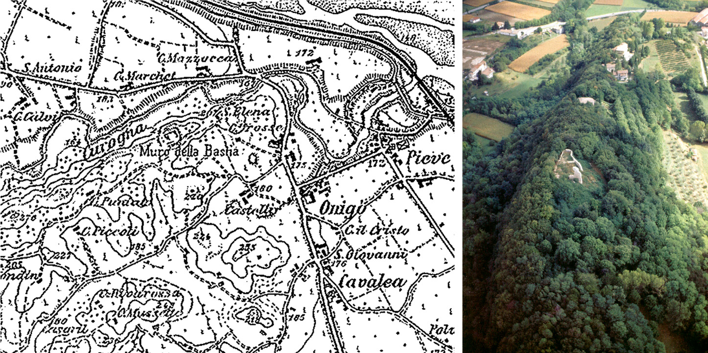 Fig. 1 – Onigo, Mura della Bastia: localizzazione topografica (dettaglio da una tavoletta IGM del 1890, F°38 IV SO – Valdobbiadene); il castello in una ripresa aerea del 2000 (Fiorino 2003).