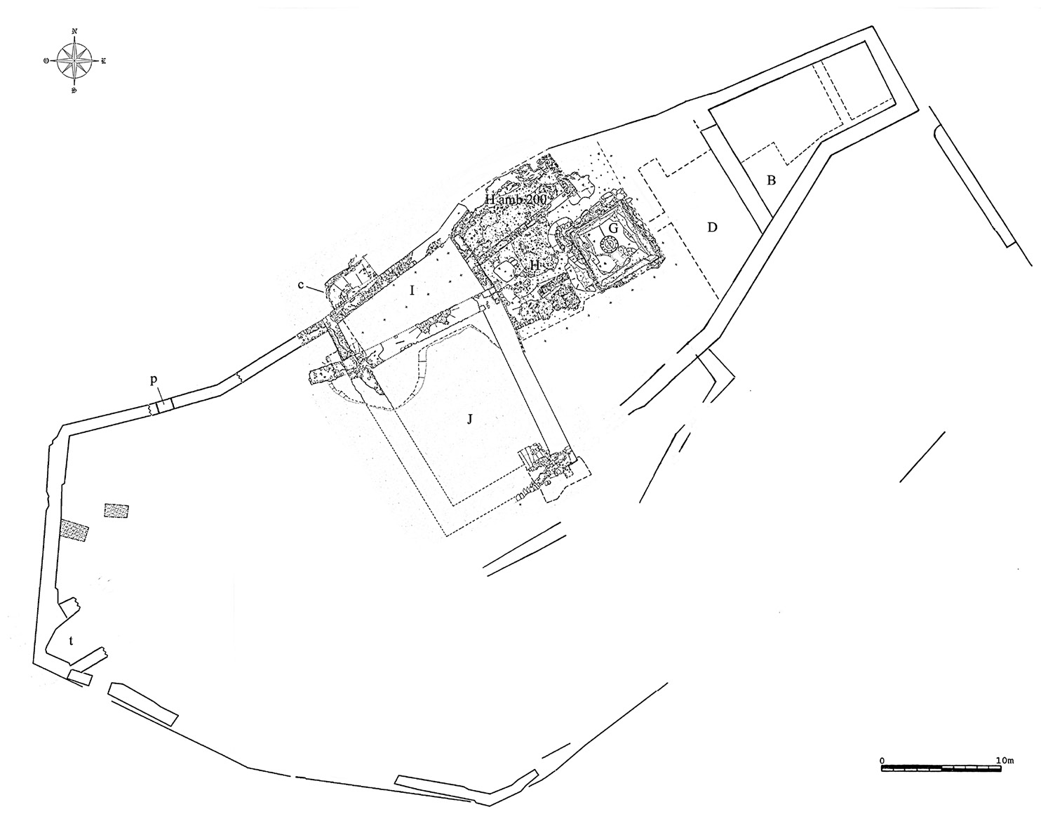 Fig. 2 – Onigo, Mura della Bastia: planimetria generale del castello con indicate le aree di scavo (B-J) ed alcuni particolari architettonici della fortificazione: torretta (t), postierla (p), contrafforte (c) (elaborazione M. Frassine).