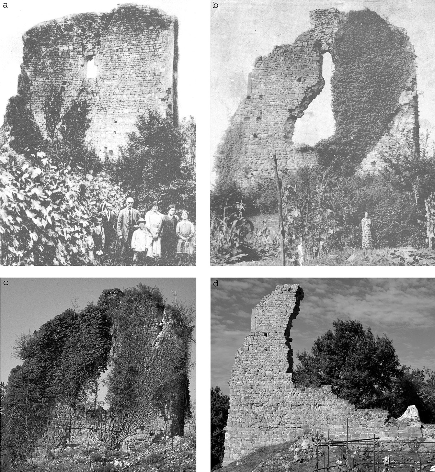 Fig. 3 – Perimetrale orientale della torre di Onigo, prospetto est: a) 1916 (da Vecchie immagini di Onigo 1991); b) 1930 (da Vecchie immagini di Onigo 1991); c) 1989, 23 marzo (foto B. Capraro); d) 2007, 25 luglio (foto M. Frassine).