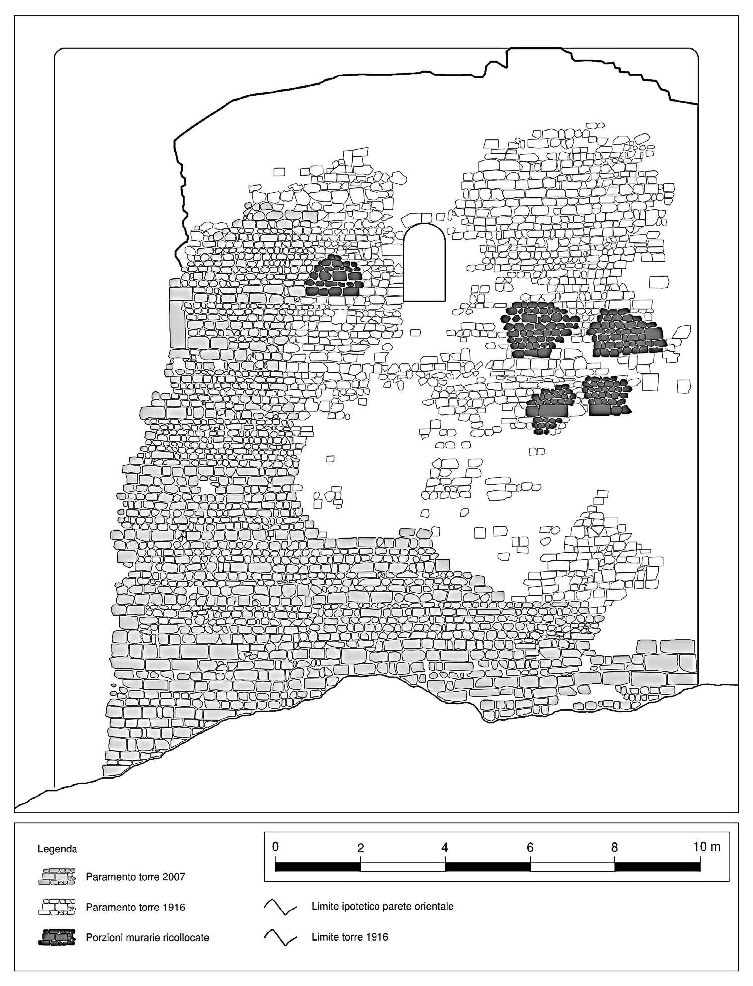 Fig. 6 – Ricostruzione del paramento orientale della torre di Onigo con i cinque crolli ricollocati virtualmente nella loro posizione originaria (studio ed elaborazione M. Frassine, A. Bezzi).