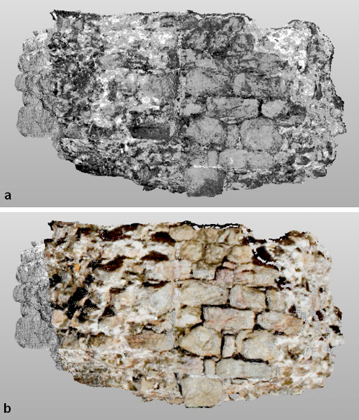 Fig. 9 – Particolare del modello della torre texturizzato con il posizionamento virtuale dell’unico blocco direttamente collegato.