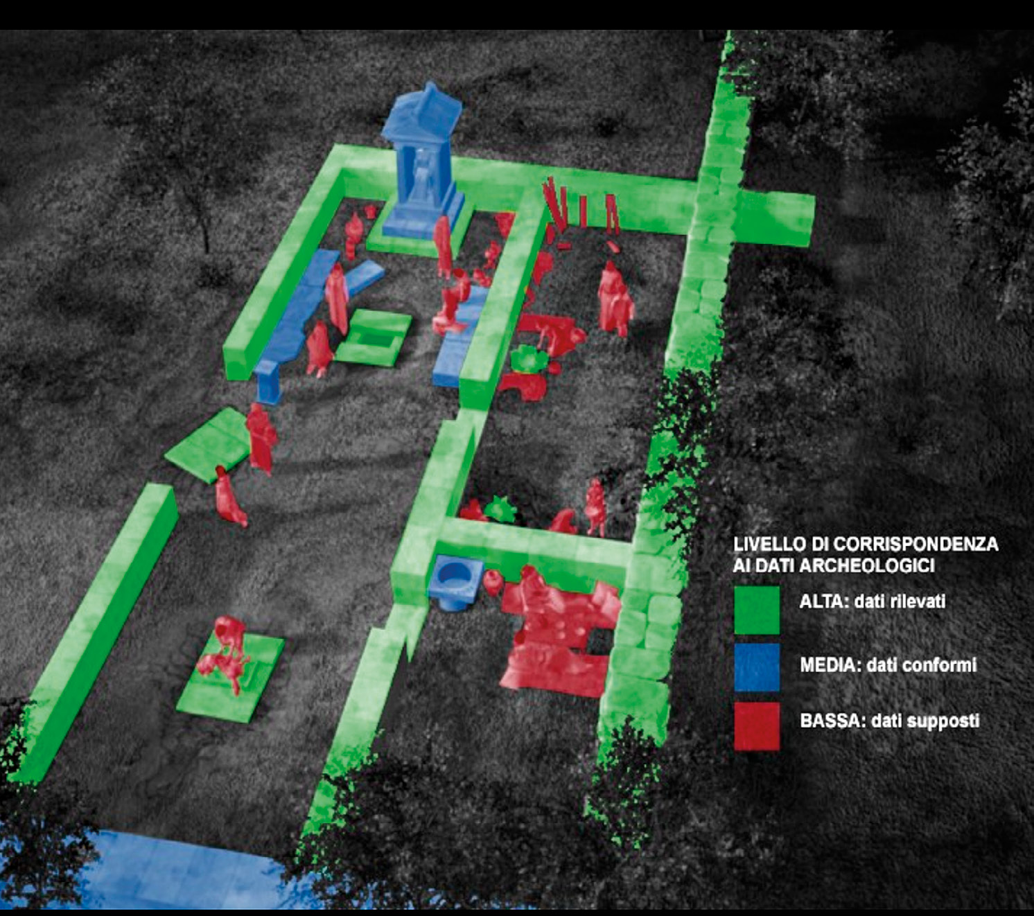 Fig. 5 – Classificazione del grado di affidabilità di una ricostruzione 3D: esempio tratto dal filmato relativo al luogo di culto ellenistico di Vaste (Le).