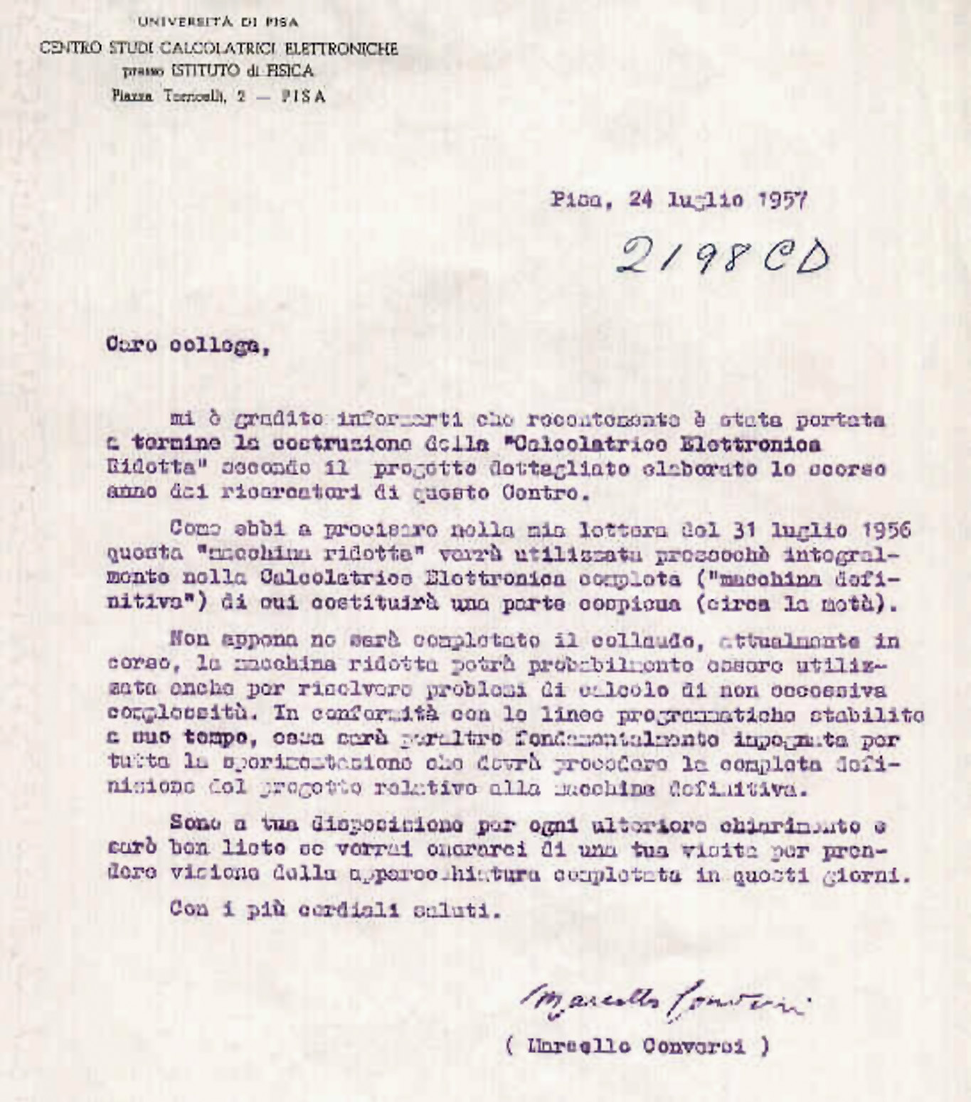 Fig. 14 – Lettera che testimonia un primo risultato concreto della Unità di Pisa, la “Calcolatrice Elettronica Ridotta”.