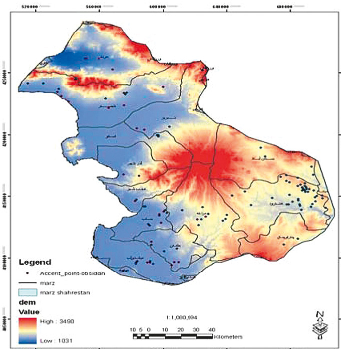 Fig. 2 – Topography and archaeological site distributions map of eastern Lake Urmia shores.