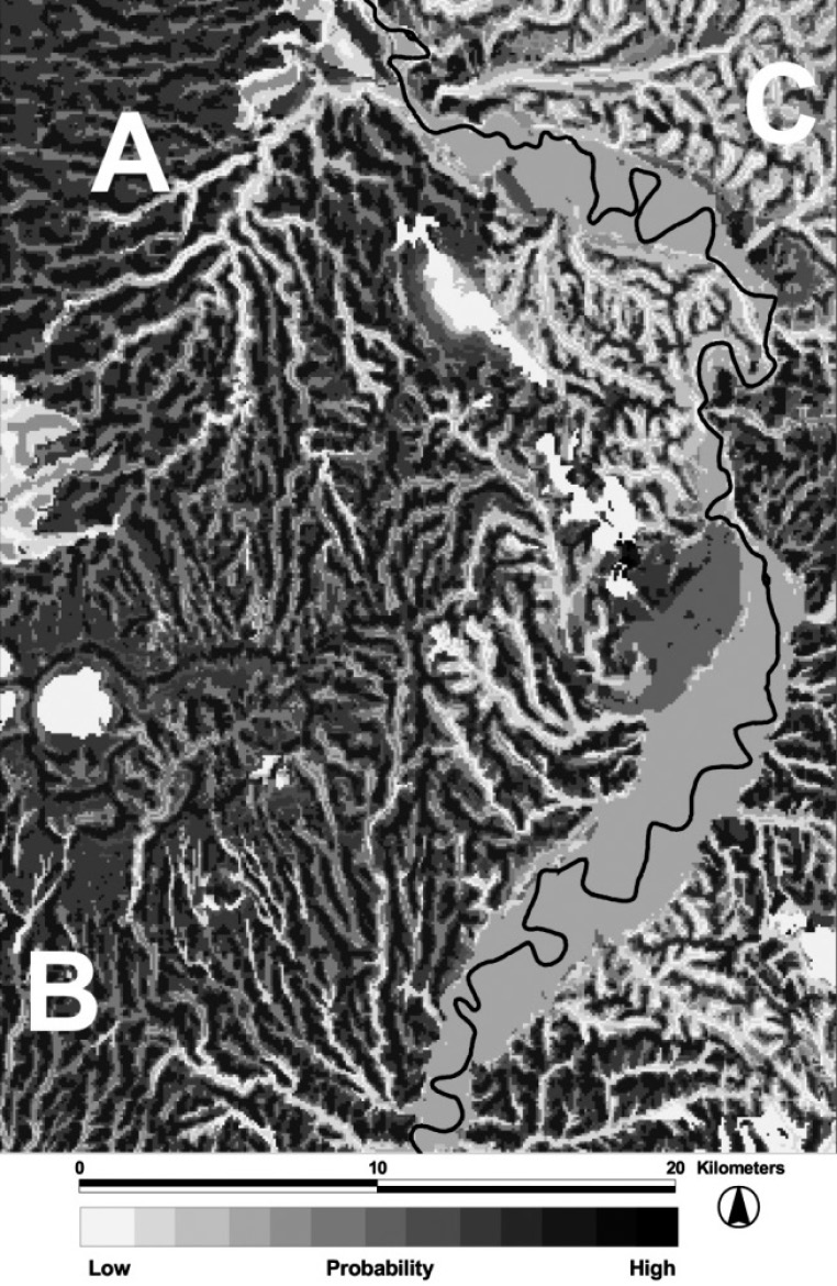 Fig. 1 – Location of Tiber Valley Project study area (black line), main field surveys (in grey) and predictive model case study area (boxed, see Fig. 2).