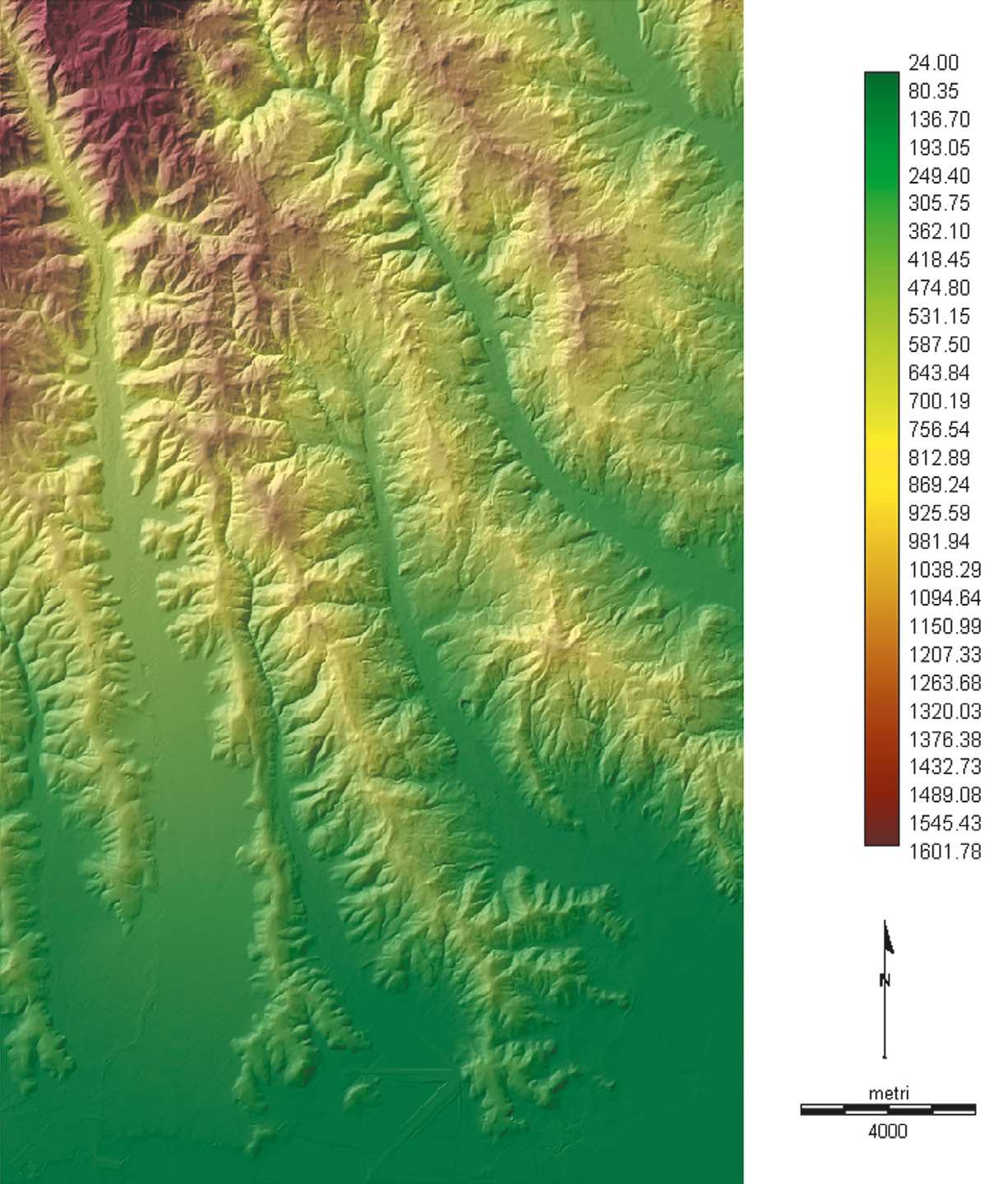 Fig. 2 – Scena finale del DTM a 5 m della Val d’Alpone con tinte altimetriche e lumeggiamento, prodotto dall’unione di due DEM: uno derivato dall’unione di sette TIN convertiti in formato raster dell’area d’indagine e uno, meno raffinato, ottenuto con un algoritmo più semplice (INTERCON) che comprende zone fuori area d’indagine ma dentro il minimo raster rappresentabile.