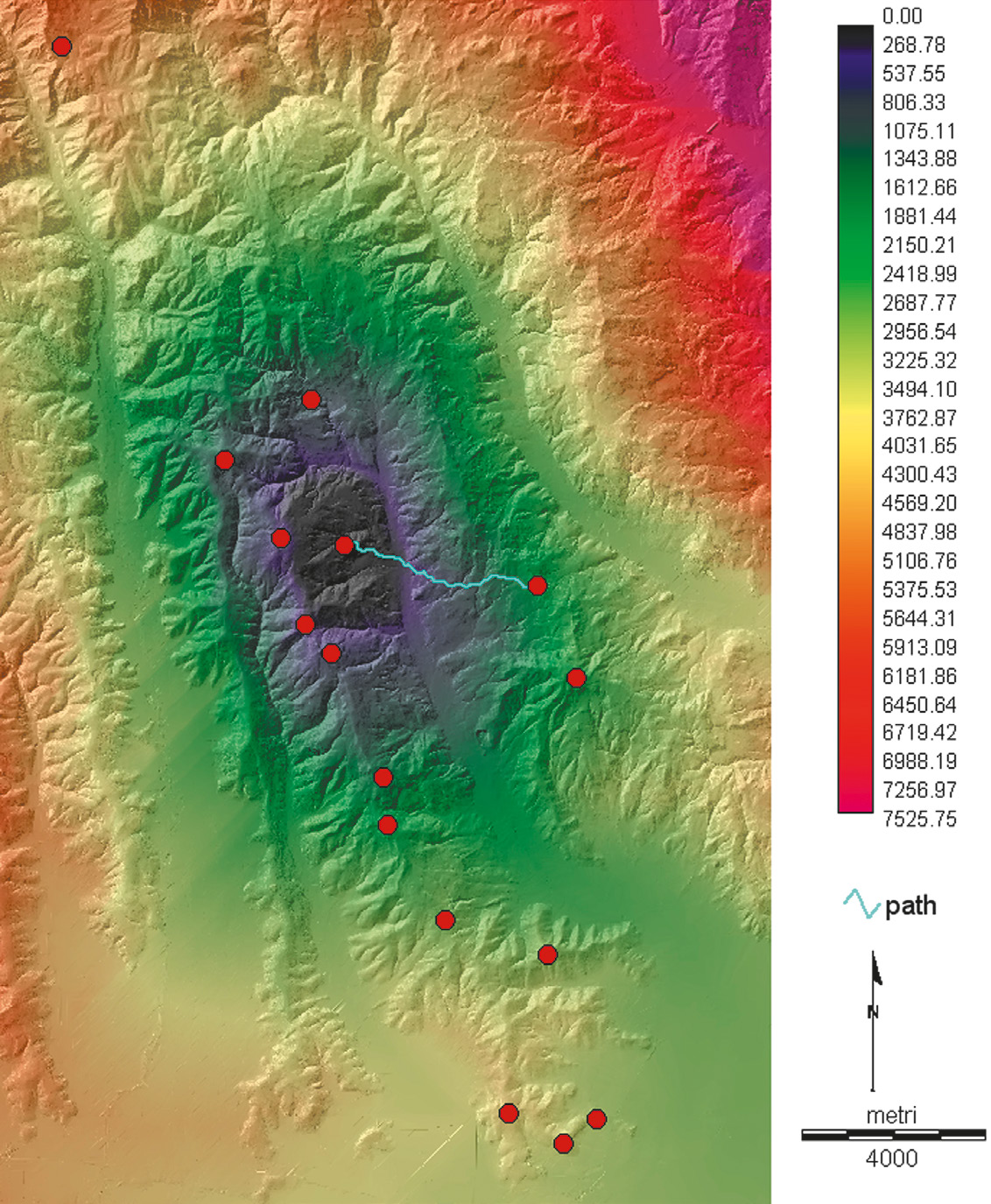 Fig. 3 – Sentiero calcolato dal GIS: ottimale dal punto di vista dei costi affrontati, congiunge due siti archeologici della stessa fase: il sito archeologico del Monte Biron e il sito archeologico del Monte Madarosa.