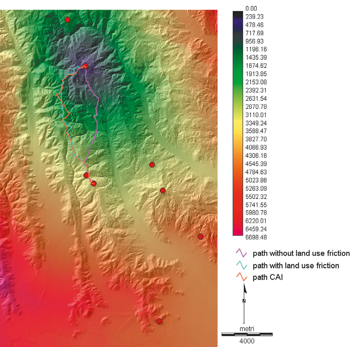 Fig. 4 – Confronto fra sentieri che congiungono i siti archeologici dell’età del Ferro della Purga diBolca conilsito del Monte Soeio e delle Tre Punte di Prealta. Andamento del sentiero CAI confrontato con gli andamenti di due sentieri calcolati dal GIS: uno ottimale dal punto di vista delle pendenze affrontate, l’altro ottimale dal punto di vista delle pendenze affrontate coniugate però coniltipo di superficie attraversata. Base raster: VARCOST image del sito della Purga di Bolca.