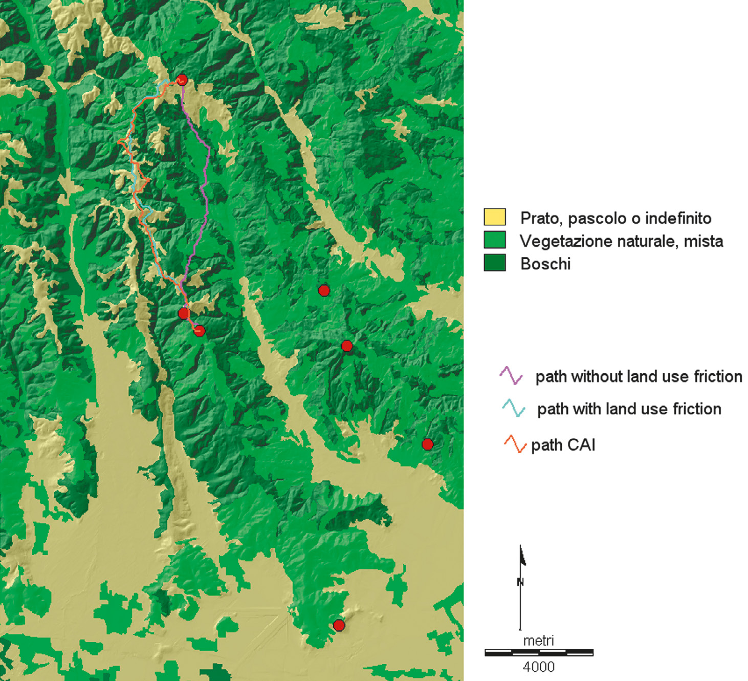 Fig. 5 – Confronto fra i sentieri che congiungono i siti archeologici dell’età del Ferro della Purga di Bolca con il sito del Monte Soeio edelle Tre Punte di Prealta. Base raster: Corine Land use dell’area d’indagine.