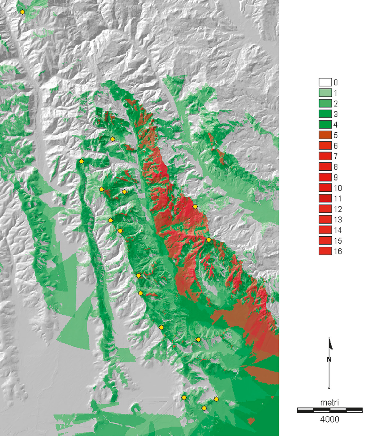 Fig. 8 – Bacino visivo di tutti i siti archeologici dell’età del Bronzo (intesi come cerchi di 200 m di raggio) calcolato dal GIS: risulta molto controllato il versante est della valle e il fondovalle, questo perché la maggior parte dei siti si colloca sul versante ovest.