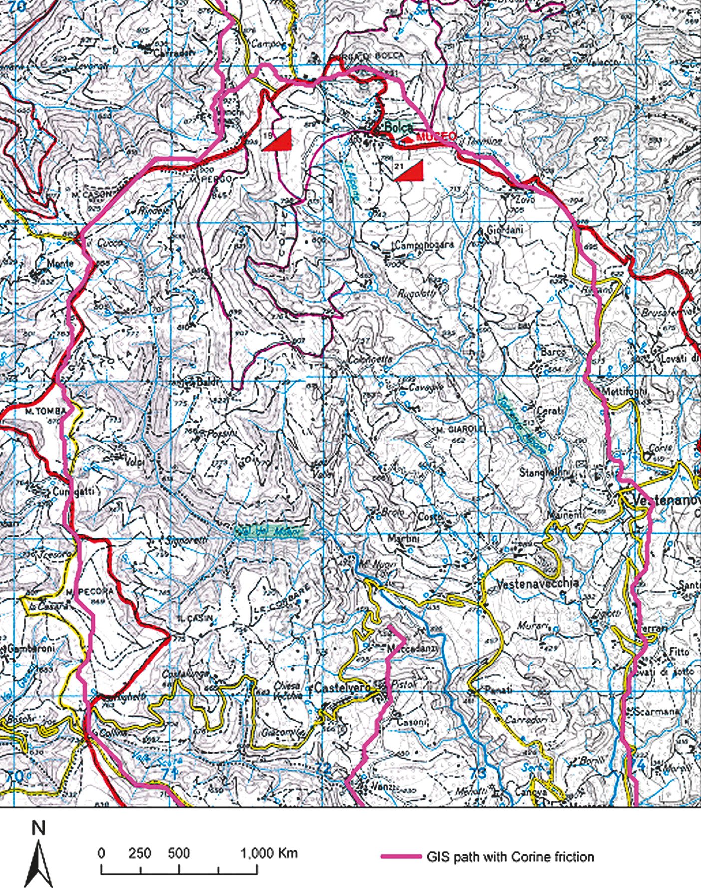 Fig. 10 – I sentieri calcolati dal GIS molto spesso, nel loro andamento, coincidono con quelli del CAI, con mulattiere o strade.