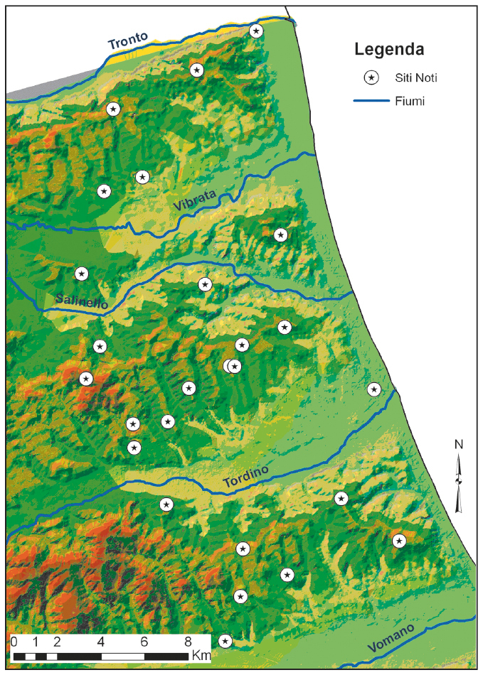 Fig. 2 – Siti noti e fiumi del teramano costiero.