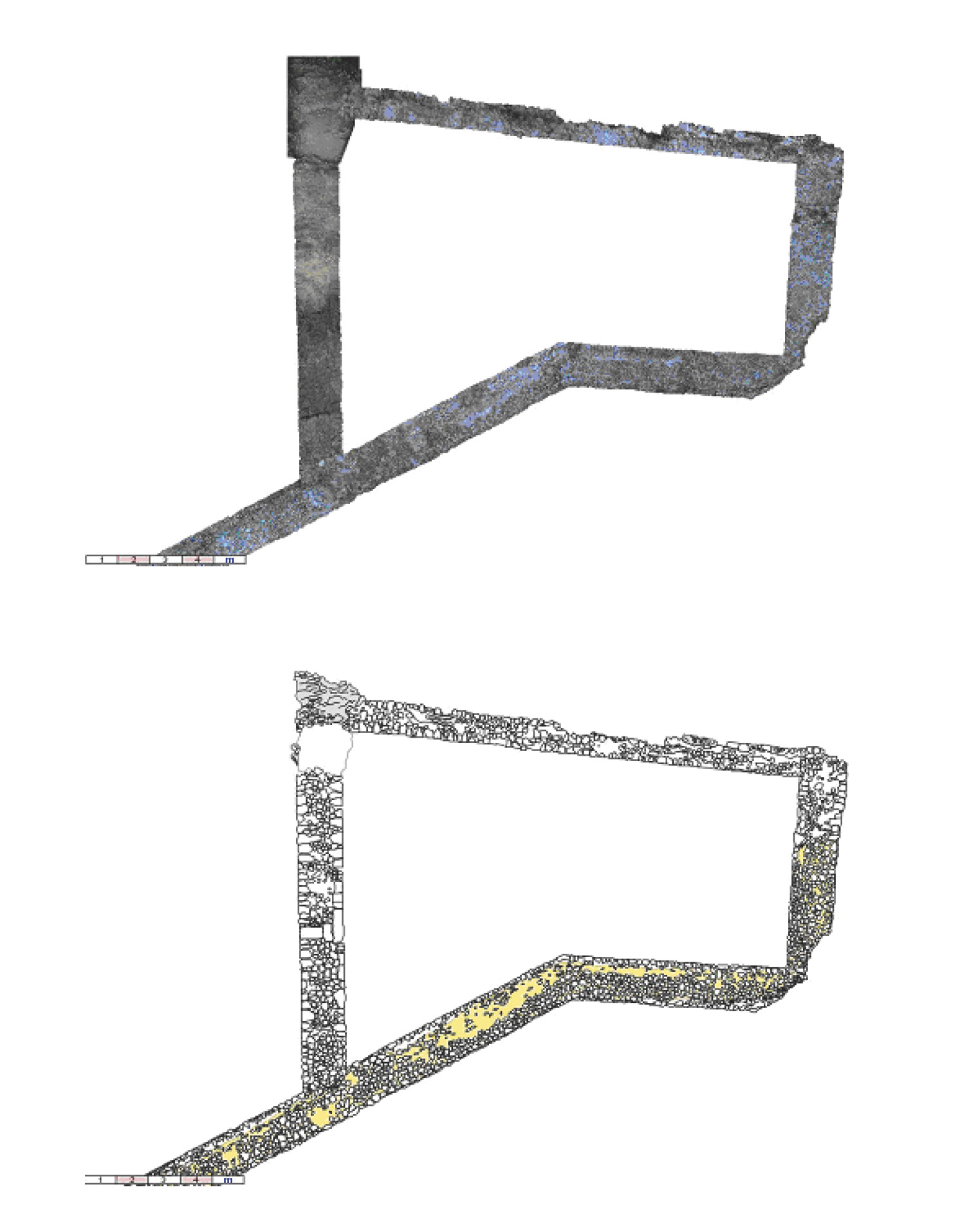 Fig. 2 – Particolare dell’area del dongione: fotopiani delle murature e corrispettiva restituzione grafica vettoriale (elaborazione M. Frassine, A. Bezzi).