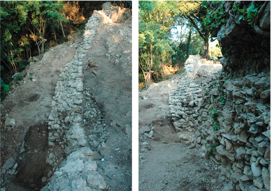 Fig. 3 – Riprese fotografiche della cinta esterna sud-occidentale del castello di Onigo a fine campagna 2008 (foto M. Frassine).