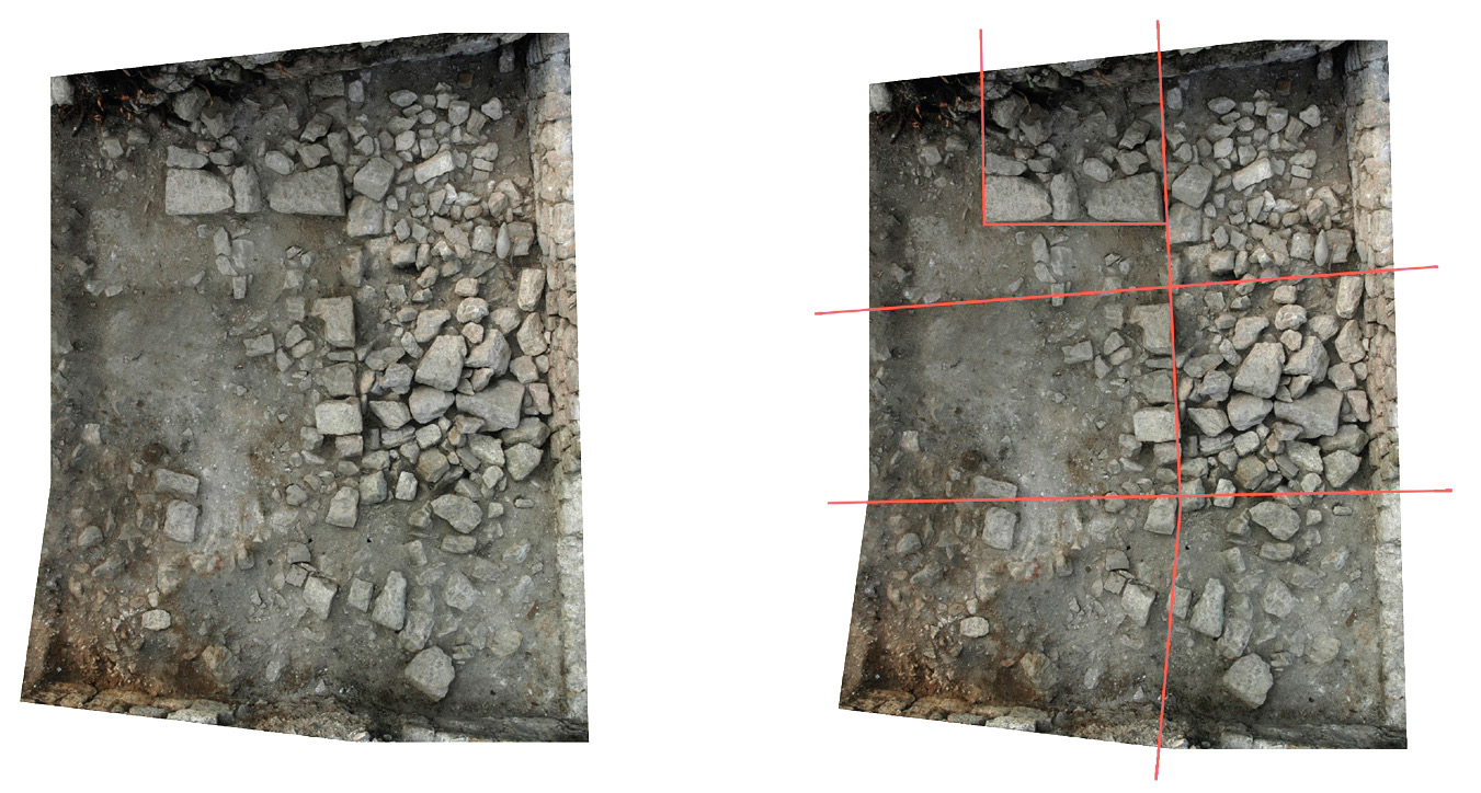 Fig. 9 – Fotopiano realizzato con il metodo “Aramus”: risultato finale (a sinistra) ed evidenziazione delle singole fotografie (a destra) (elaborazione A. Bezzi).