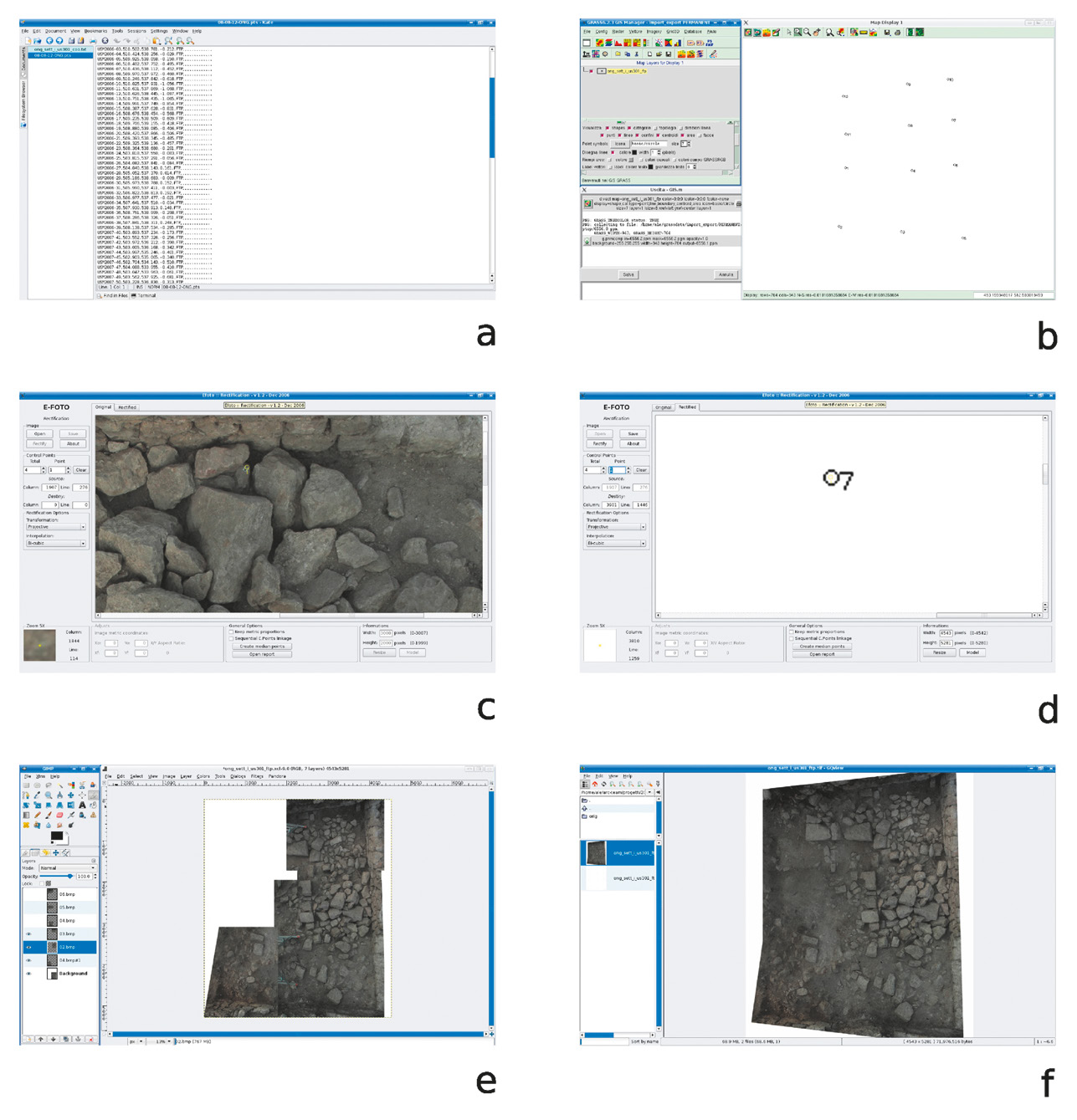 Fig. 10 – Esemplificazione di alcuni passaggi per il raddrizzamento delle immagini: a) elaborazione delle coordinate in un editor di testo; b) visualizzazione delle marche di rettifica all’interno di GRASS; c-d) comparazione tra la fotografia originale e il modello in E-FOTO; e) unione delle immagini e calibrazione dei colori in GIMP; f) il fotomosaico finale (elaborazione A. Bezzi).