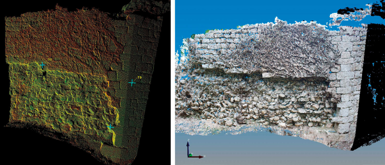 Fig. 12 – Scansioni relative alla muratura in prossimità dell’ingresso al castello: a) per nuvola di punti e b) dopo la texturizzazione del modello 3D.