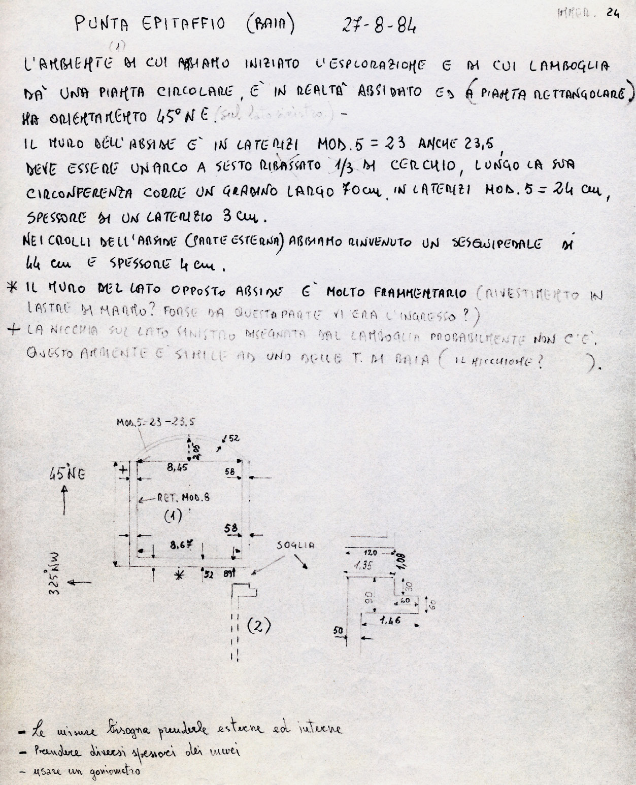 Fig. 6 – La scheda di immersione n. 24 redatta il 27/8/1984, che mostra la prima fase del rilievo della vasca del frigidario con le annotazioni relative. Si nota bene il muro di delimitazione della grande vasca (cortesia E. Scognamiglio).