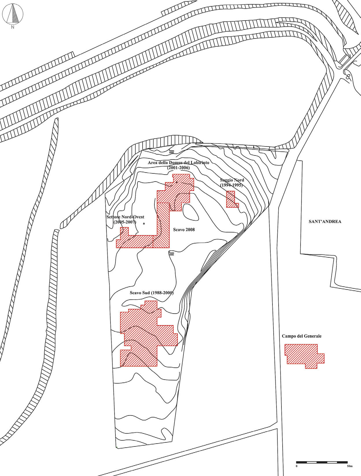 Fig. 2 – Calvatone, loc. Costa di Sant’Andrea: scavi archeologici condotti dal 1988 al 2008 presso l’area di proprietà provinciale e il Campo del Generale.