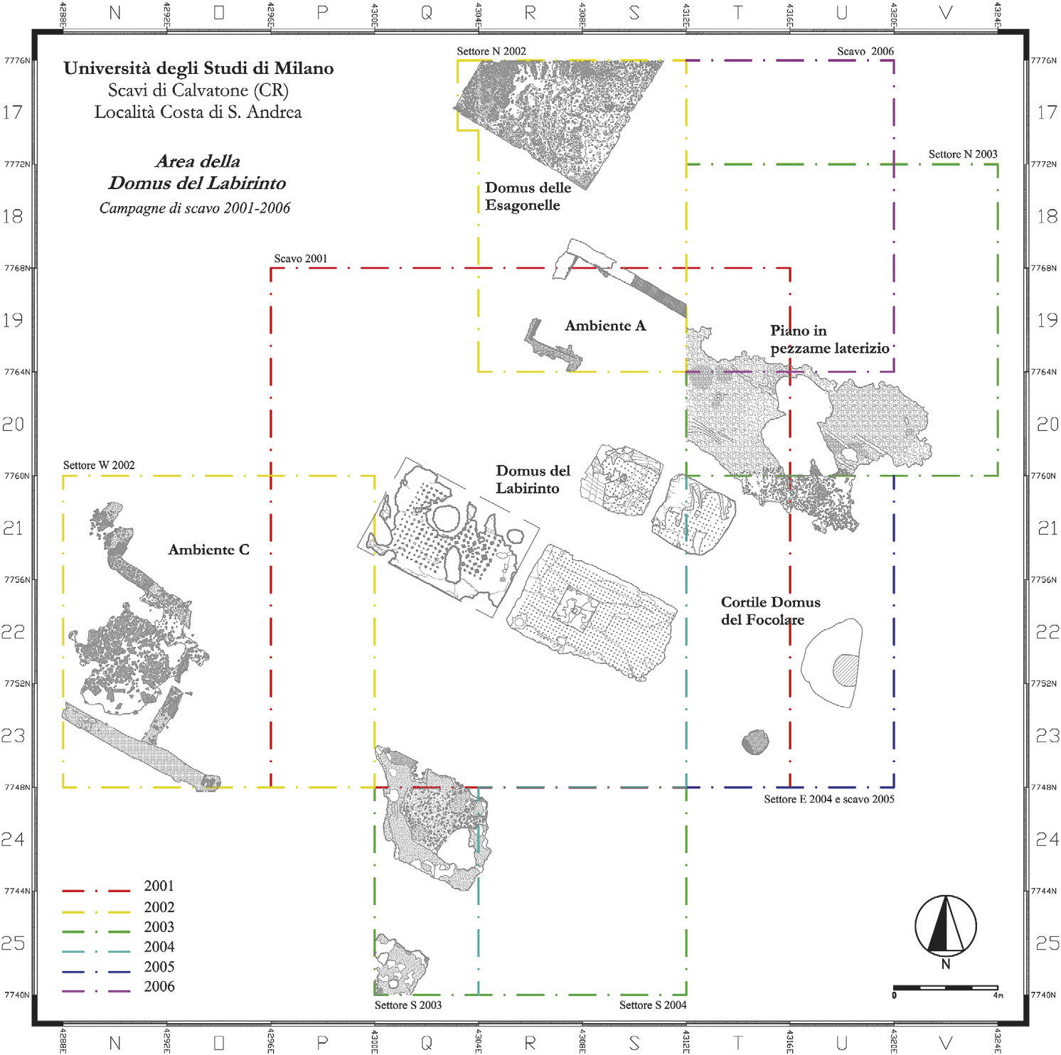 Fig. 3 – Area della Domus del Labirinto. Settori indagati nelle campagne di scavo 2001-2006.