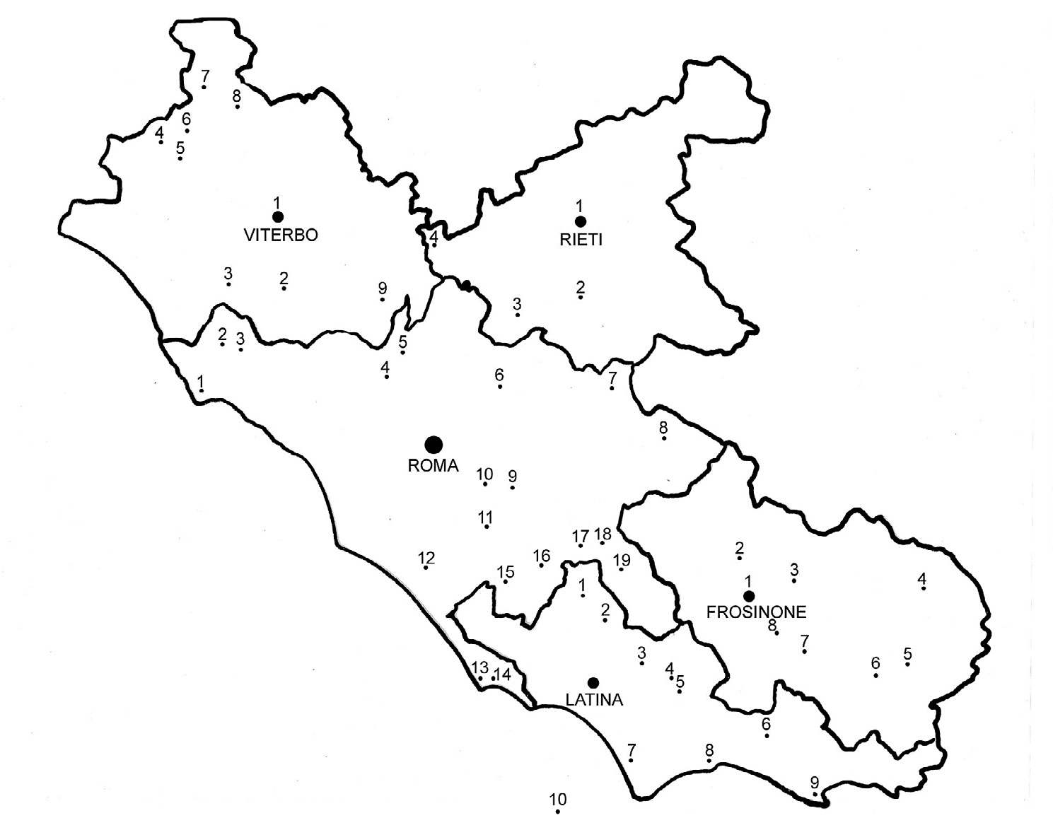 Fig. 2 – I musei archeologici locali del Lazio interessati dall’attività di catalogazione promossa dalla Regione (cfr. nota 2 per la legenda).