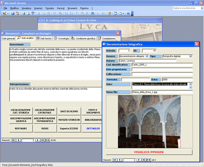 Fig. 1 – Ambiente MsAccess: maschera relativa al tratto di mura conservato nella chiesa di Santa Maria della Rosa (MA). In sovrapposizione la tabella della Documentazione fotografica.