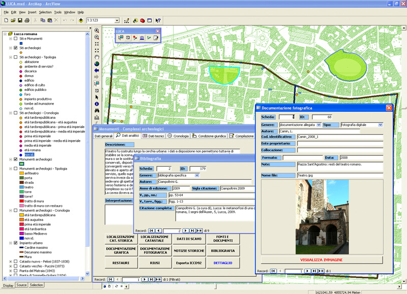 Fig. 3 – Ambiente GIS, LUCA: interrogazione per cronologia dei tematismi Siti archeologici e Monumenti archeologici. In azzurro è evidenziato il risultato della query (Siti e Monumenti di età tardorepubblicana).