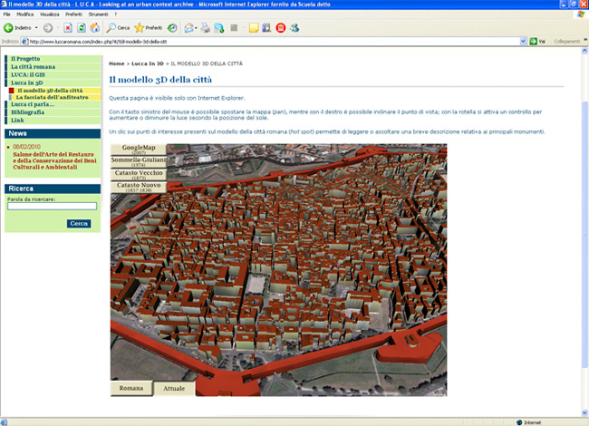 Fig. 9 – Sito www.luccaromana.com: pagina dedicata all’esplorazione del modello 3D della città realizzata utilizzando XVR (immagine relativa a Lucca attuale).