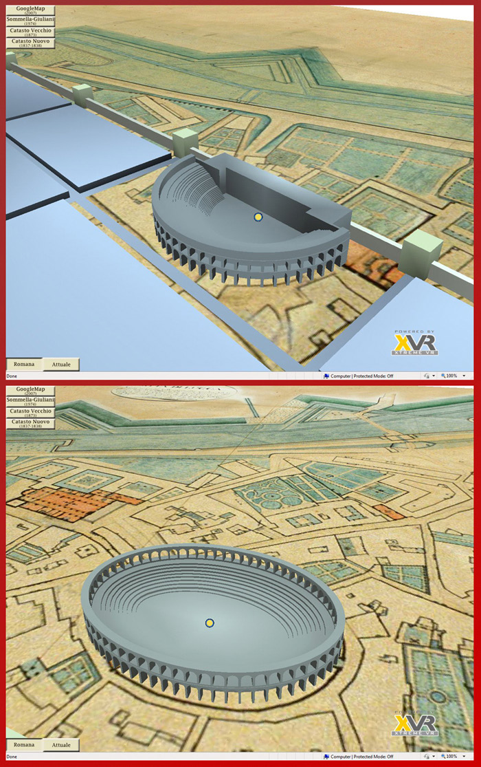 Fig. 10 – XVR: particolare della ricostruzione3D di Lucca romana. In alto il teatro, in basso l’anfiteatro. Lo sfondo è costituito dal Catasto Nuovo del 1837-1838 (Archivio di Stato di Lucca, Catasto Nuovo 454).