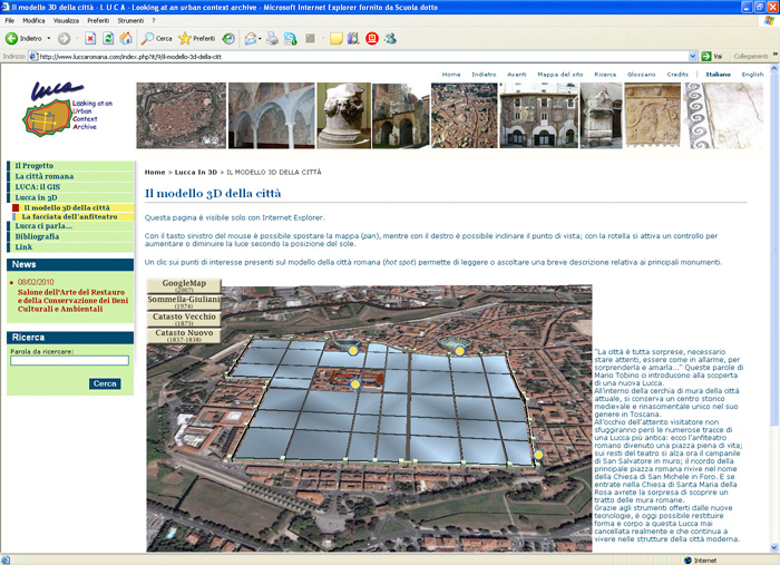 Fig. 11 – Sito web www.luccaromana.com: pagina dedicata all’esplorazione del modello 3D della città realizzata utilizzando XVR (immagine relativa a Lucca romana).