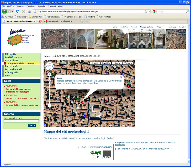 Fig. 12 – Sito web www.luccaromana.com: pagina relativa alla mappa di Google con la localizzazione dei siti e dei monumenti archeologici. Nella finestra informativa i dati relativi al foro.