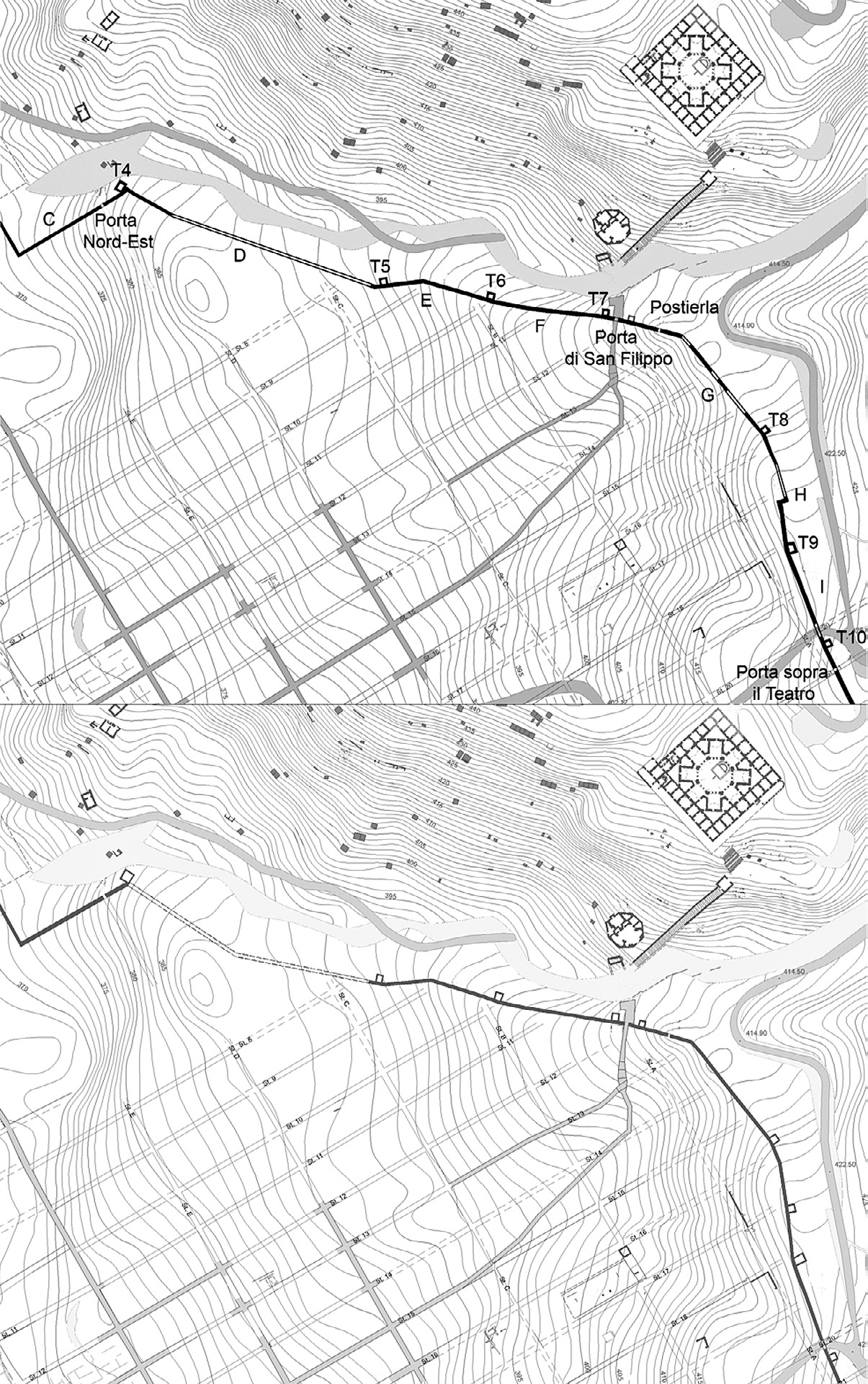 Fig. 5 – Particolare del rilevo delle mura effettuato nel 2008 (sopra): sono evidenti le modifiche apportate al tracciato rispetto alla precedente cartografia (sotto) in corrispondenza della torre T4, di cui è stata ridefinita la struttura, e dell’angolo lungo il tratto H, tra le torri T8 e T9.