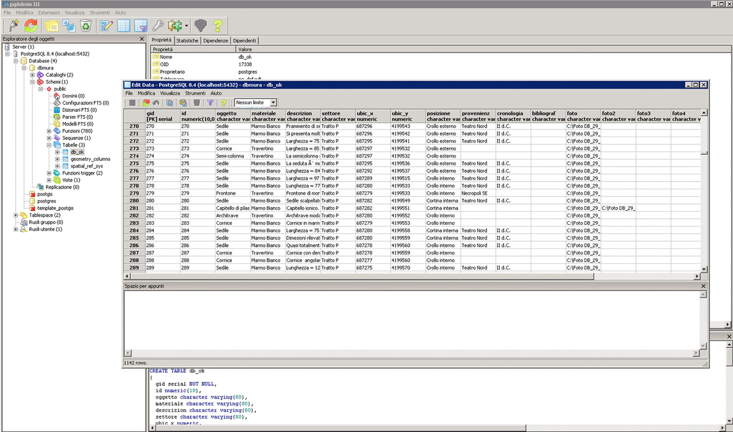 Fig. 7 – Tabella del database geospaziale in PostgreSQL con estensione PostGIS.