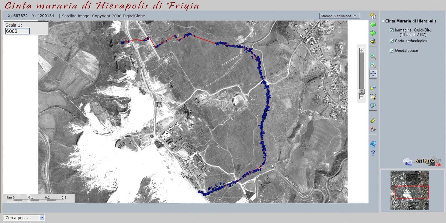 Fig. 9 – Schermata del webGIS della cinta muraria di Hierapolis, basato su UMN Mapserver; l’interfaccia web è costituita da Pmapper.