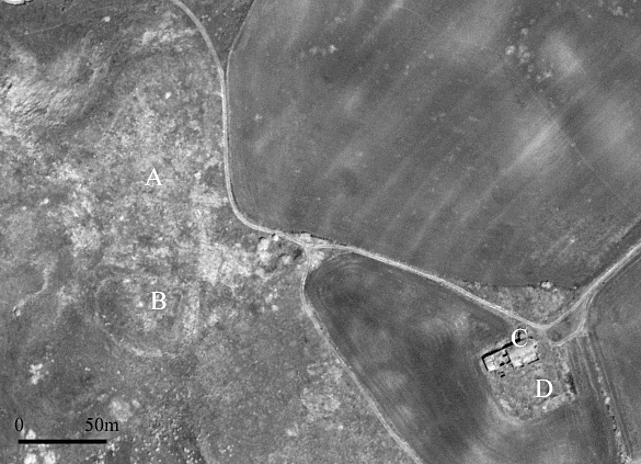 Fig. 2 – QuickBird panchromatic image of Monte Irsi. A and B indicate the investigated settlement and the artificial mound related to the documented castle (Castrum Ursum), respectively; C and D denote the church of S. Maria d’Irsi and the Roman villa, respectively.