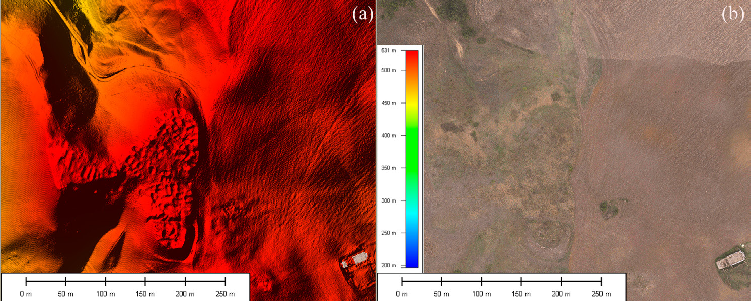 Fig. 6 – 3D view of DTM: a) DTM of the medieval settlements and surroundings, b) orthophoto acquired at the same time as LiDAR survey, c) zoom of medieval settlements.