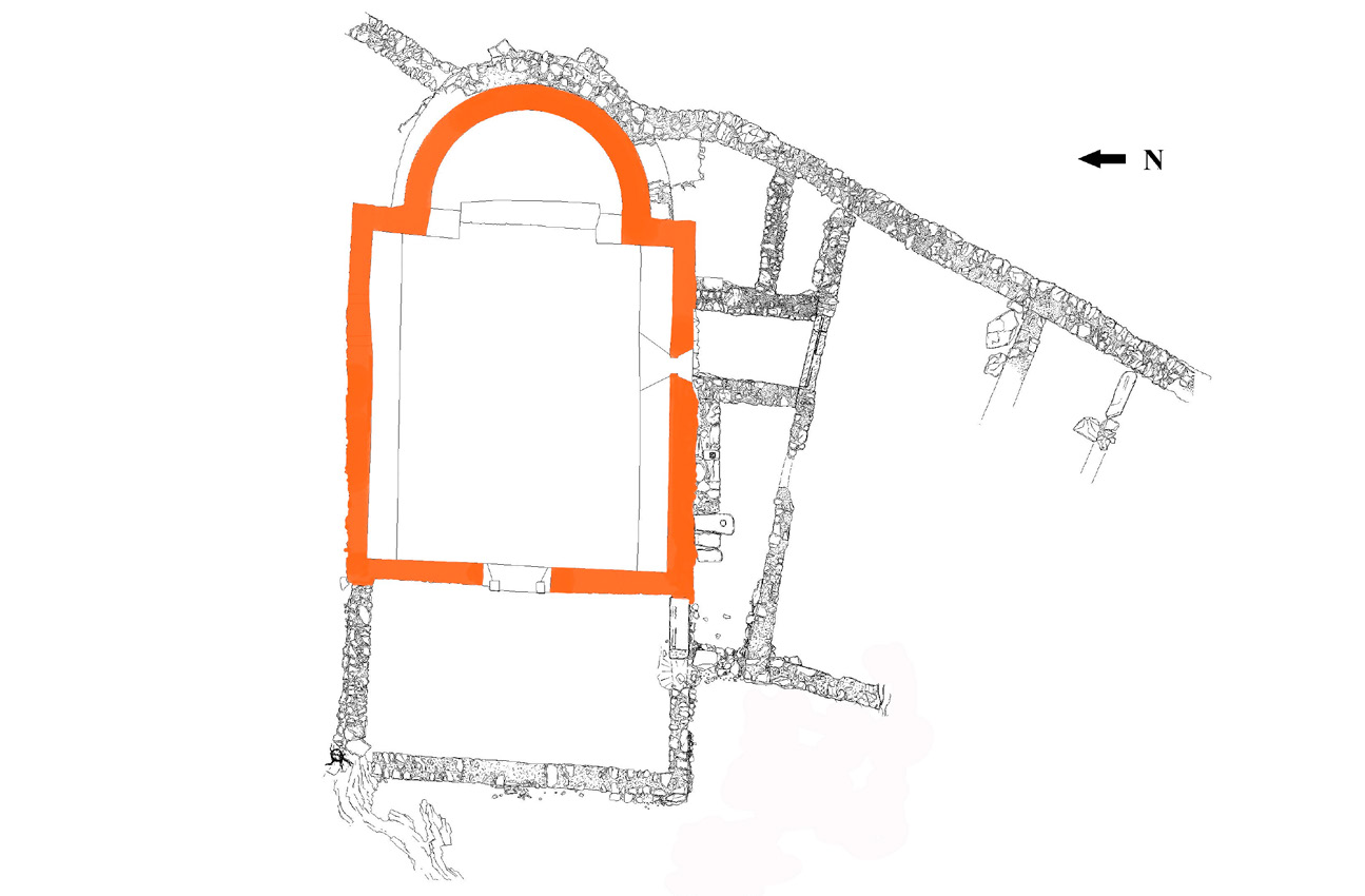 Fig. 4 – Sett. 1-2: planimetria generale (in arancio la pianta dell’oratorio medievale di San Martino).