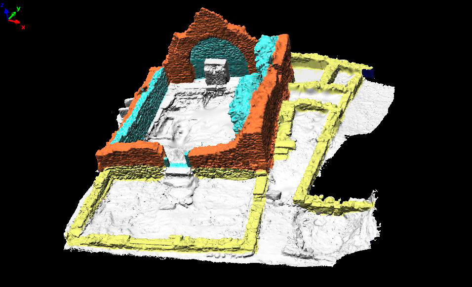 Fig. 6 – Pianta dell’oratorio ricavata direttamente dal modello 3D. In arancio le parti edilizie di età medievale (post XII sec.).