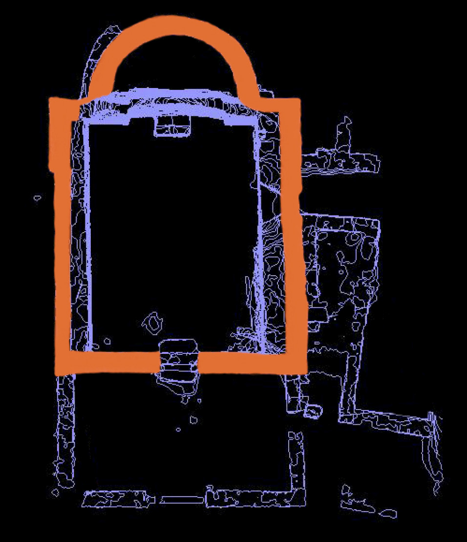 Fig. 7 – Fasi costruttive medievali (in arancio) e postmedievali (in azzurro) evidenziate direttamente sul modello 3D. In giallo le preesistenze di età altomedievale.