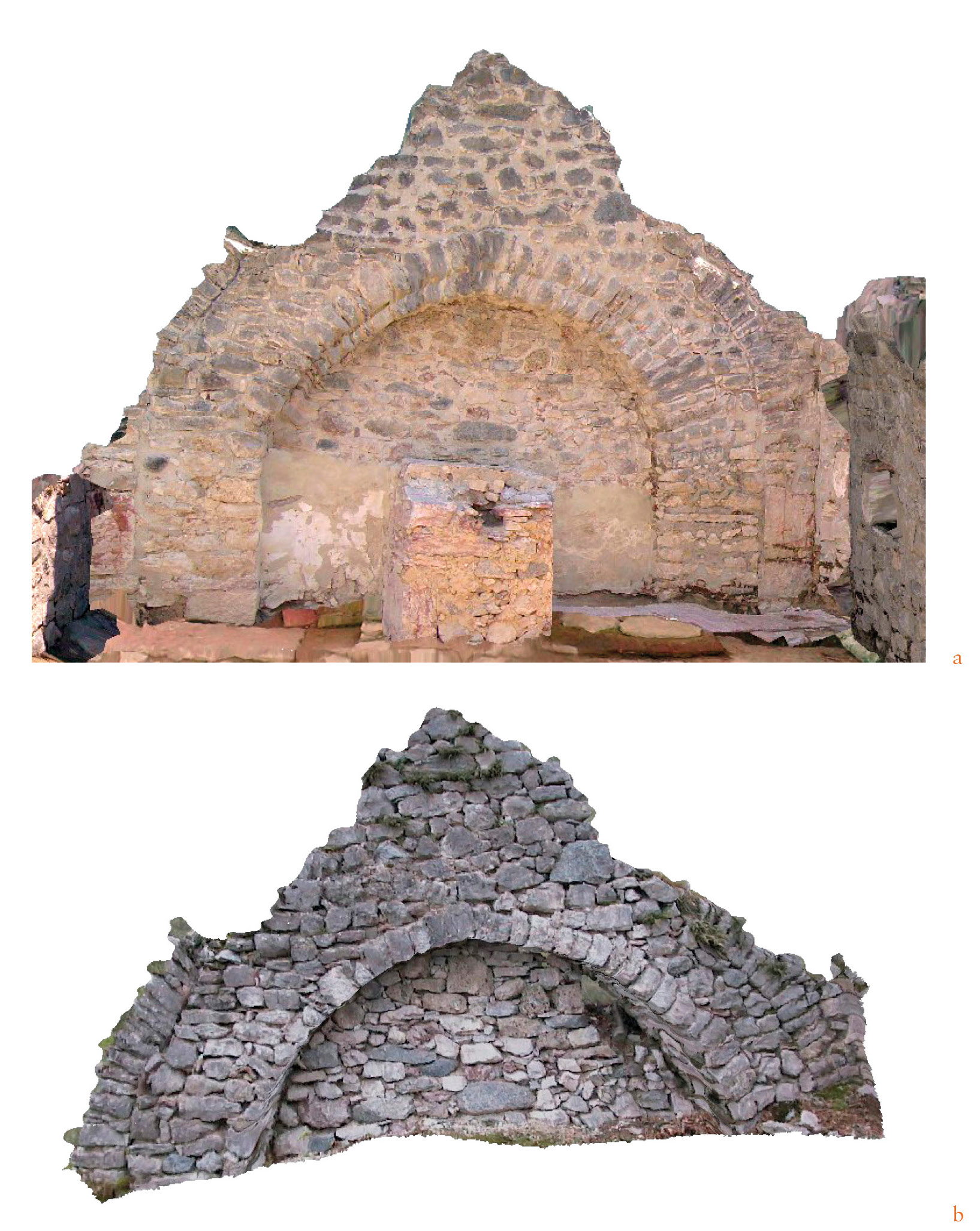 Fig. 8 – a) modello 3D della parete orientale dell’aula a fine intervento; b) immagine fotografica 2D delle parti originali emergenti della parete applicata sul modello 3D.